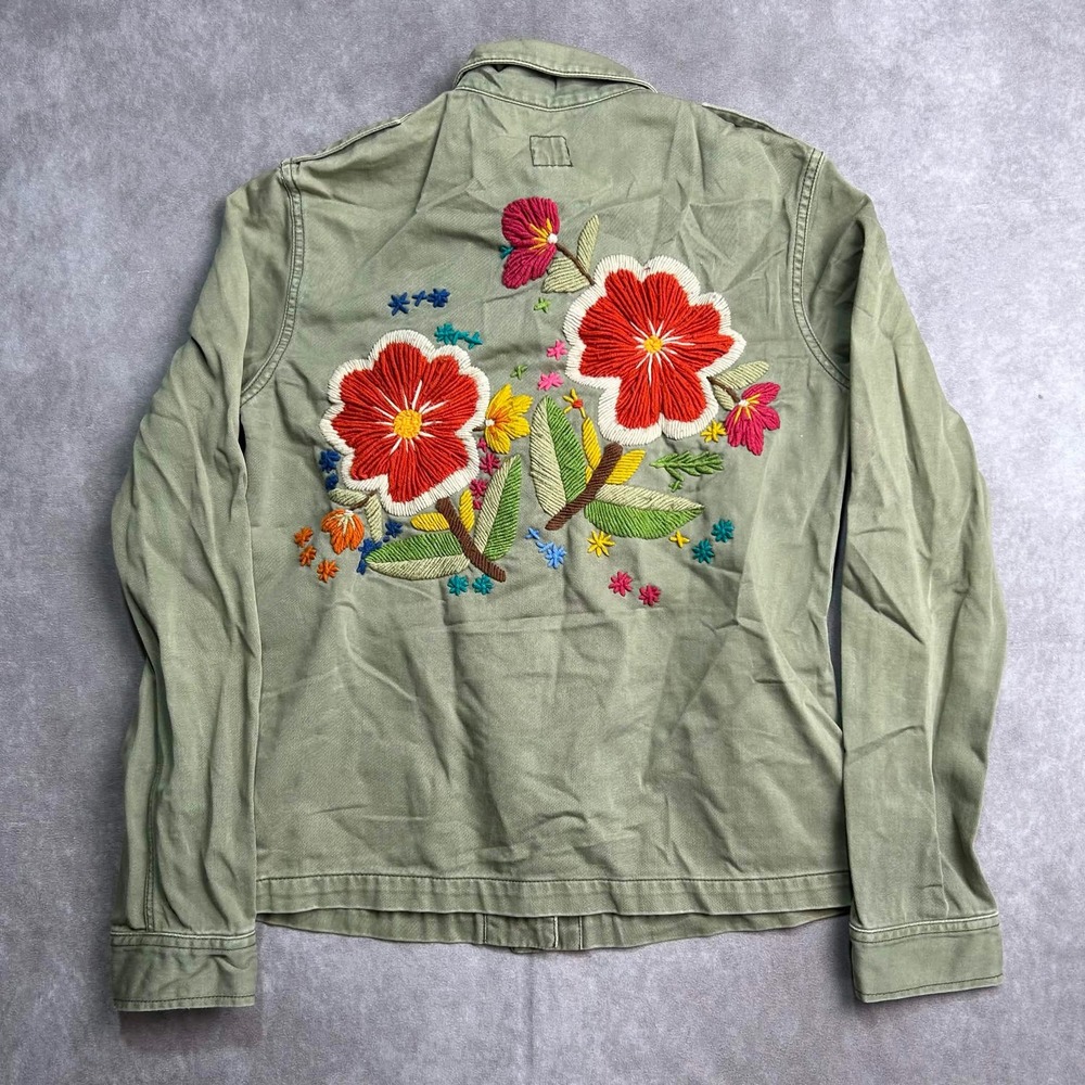 Lucky Brand Olive Green Utility Jacket Floral Embroidered Back Cotton Womens S